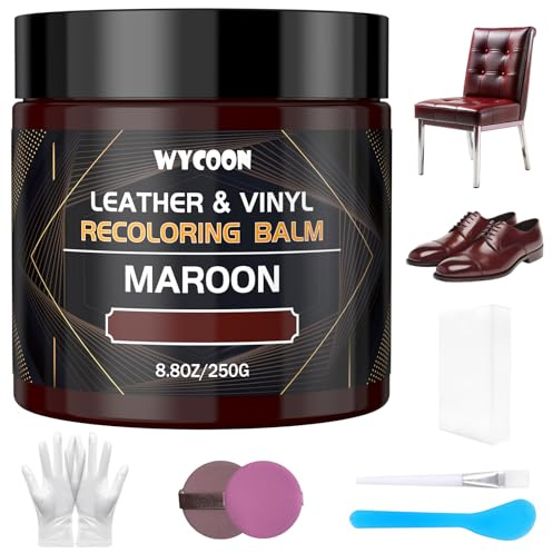 WYCOON Leather Recolouring Balm, Leather Repair Kit for Furniture, Leather Paint, Leather Dye, Colour Restorer for Couch, Car Seats, Stain Remover for Scratched and Faded Leather- Maroon