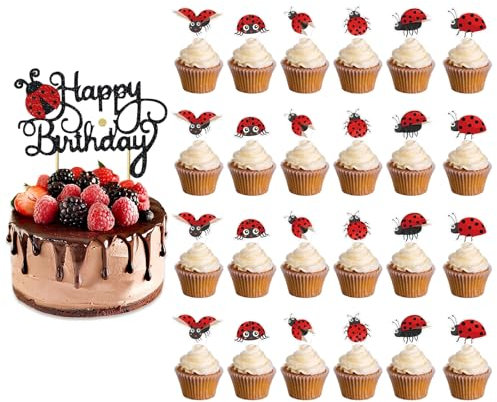Dcsfadq Marienkäfer Cupcake Topper Set, 25 Stück Ladybug Geburtstag Deko Tortendekoration Happy Birthday Jungen Mädchen, Cake Topper Tortendeko für Geburtstagsparty