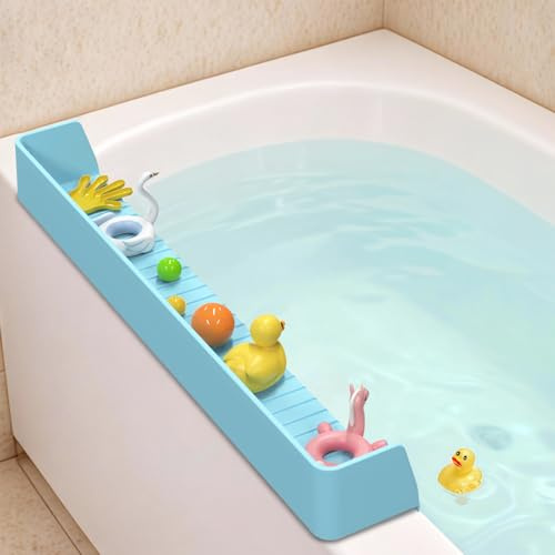 AyNirser 31” Bathtub Splash Guard Shelf with Strong Suction Cups, Silicone Tub Water Guard Organizer for Shampoo & Bath Essentials, No-Mess Spill Protection – Blue