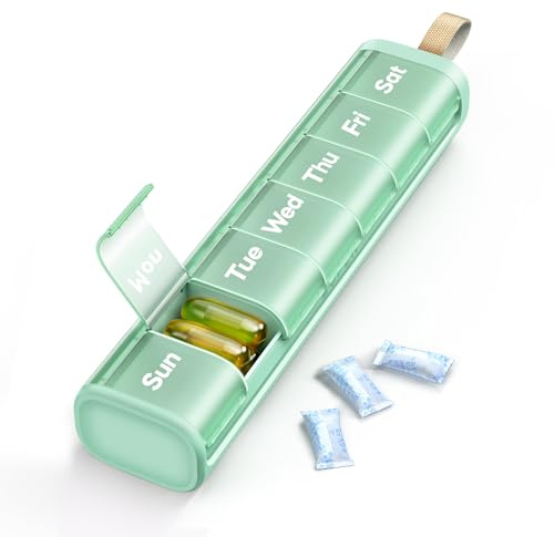 Ideerfit veckovis pillerorganiserare, 7 dagar en gång dagligen med torkmedelskammare | BPA-fria, lättöppna lock, spillbeständiga, kompakt resväska med bärbart handtag, grön