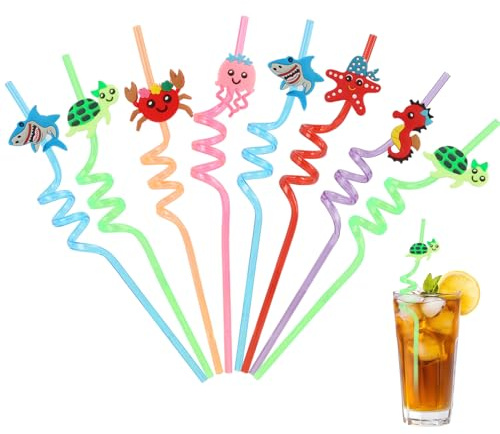 Pailles en Plastique Réutilisables, Lot de 8 Pailles Colorées à Thème de Dessins Animés pour Décoration de Fêtes, pour Anniversaires et Événements Familiaux, Accessoires Écologiques et Sûrs
