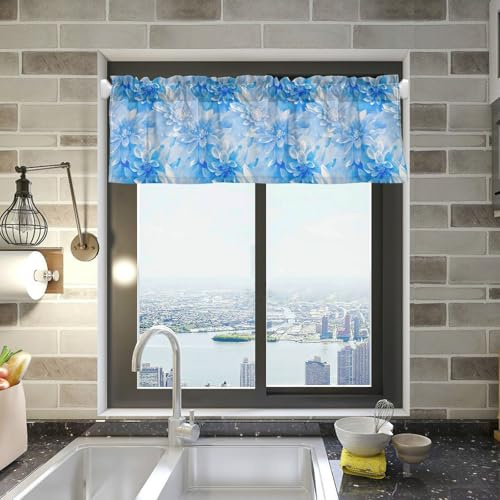FRODOTGV Cortinas con cenefa de flores de dalia azul para sala de estar, baño, cortinas de armario de 18 x 54 pulgadas, para debajo del fregadero de la cocina, 1 panel de cortina opaca corta