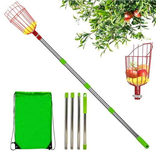 Cesta de recogida de frutas, barra telescópica, recogedora de frutas de acero inoxidable, portátil, ligera, para manzanos, albaricoques, ciruelos, limoneros y naranjos, red de recogida de frutas