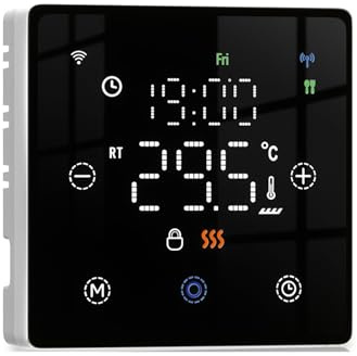 Termostato WiFi de Batería Negro, Inteligente para Caldera de Gas, Pantalla Táctil 86x86mm, Compatible con TUYA Smart Life, Montaje en Pared o Encastre Caja 502, Programación Semanal