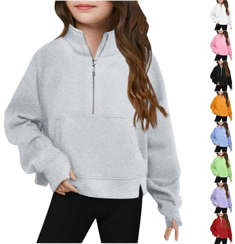 Felpa per Ragazza Felpe Foro per Il Pollice Pullover Mezza Zip Sweatshirt Maniche Lunghe Abbigliamento Colletto Rialzato Giacca Senza Cappuccio Felpa Autunno Inverno Top Tinta Unita Felpe 5-14 Anni