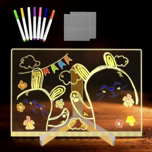 SINZONEu® Tableau Lumineux LED avec Support, 30x20CM Tableau à Message Écriture Effaçable à Sec, Acrylique LED Drawing Board pour Bureau Maison Café, Inclus 7 Marqueurs & 2 Chiffons