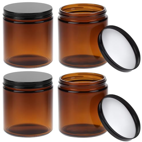 QWORK 4 st. 500 ml bärnstensfärgade glasburkar med svarta lock, multifunktionell UV-skyddsbehållare för krämer, hemlagad lotion