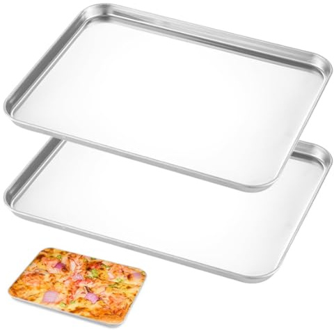 2 Pieces Baking Tray Stainless Steel Baking Trays 26.5 x 20.5 x 1.2 cm Oven Tray Cookie Sheet Pan, Baking Trays for Oven Non Stick, Rustproof and Dishwasher Safe Roasting Tray, Silver