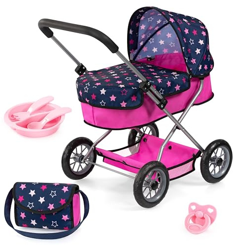 Bayer Design Puppenwagen Smarty mit Tasche, Schnuller, Teller, Besteck | integrierter Korb, für Rollenspiele geeignet, klassisches Modell
