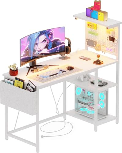 Xyphren Mesa de Juegos de con Pared Perforada, Enchufe, pequeño Escritorio para Ordenador con estantes Reversibles para Escritorio de Esquina en casa, 120 * 50cm, Blanco