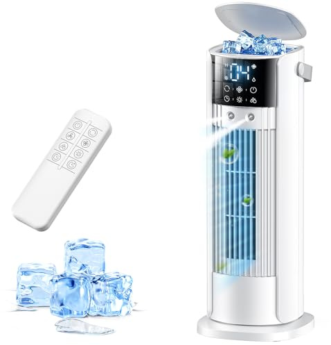 Aire Acondicionado Portátil sin Tubo, 4 en 1 Ventilador Refrigeración, 3 Niveles de Velocidad, Función de Nebulización, Oscilación de 90°, Pantalla LED, con Mando a Distancia (Blanco)