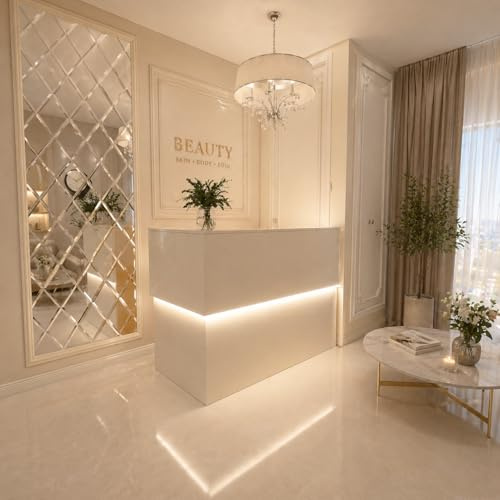 Generisch Empfangstheke Beige o. Weiß Kosmetikstudio Salon Lisi L-Form 152 cm