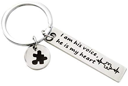 Hibetek Llavero de concienciación sobre el autismo I Am His Voice He is My Heart, llavero con pieza de rompecabezas, dije para autismo mamá, His Voice, Talla única
