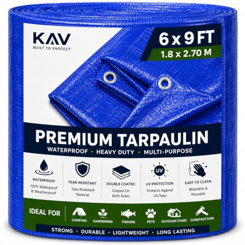 KAV - 1.8 x 2.70M (6x9 FT) Blue Strong Waterproof Universal Tarpaulin Tarp sheet in - Ground Sheet Covers For Camping Fishing Gardening Pets Premium Quality Cover Made of 80 gram