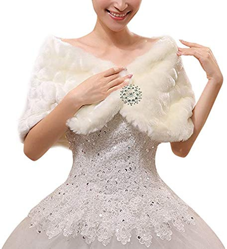 Women's Faux Fur Shawl Wrap Stole Plush Bridal Cape Shrug Shoulder Shrug Bolero Waistcoat Tippet Collar Scarf Wraps Winter Fuzzy Warm Cape with Rhinestone Brooch for Wedding Evening Party, 30*107cm