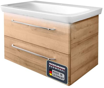 FACKELMANN Milano Badmöbel Set 3 Teile – Waschbecken aus Keramik in Weiß mit Unterschrank in Holz braun – Waschbeckenunterschrank mit Schubladen und Waschbeckenbeleuchtung – 88 cm breit