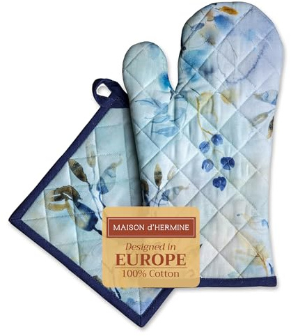 Maison d'Hermine - Ensemble manique et Gant de Cuisine 100% Coton (19 x 33 cm et 20 x 20 cm) - Gants résistants à la Chaleur pour Manipuler Les Plats Chauds Cadeau Saint Cadeaux fête des mères
