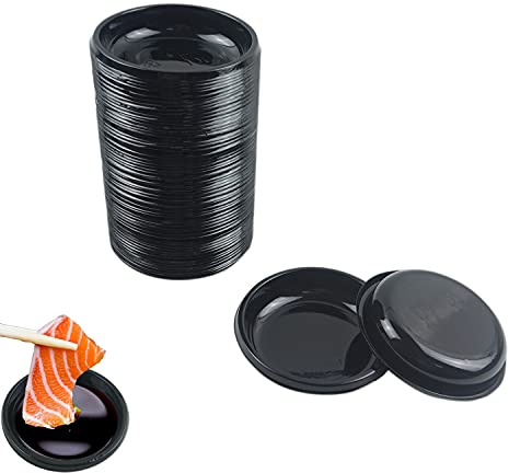 100 pcs Mini 3.11x3.11 Dipping Sauce Dishes, Plastic Disposable Round Black Soy Sauce Plate Set, Condiment Serving tray, Seasoning Platter, Appetizer Bowel -for Sushi Mustard Vinegar Soy BBQ Ketchup