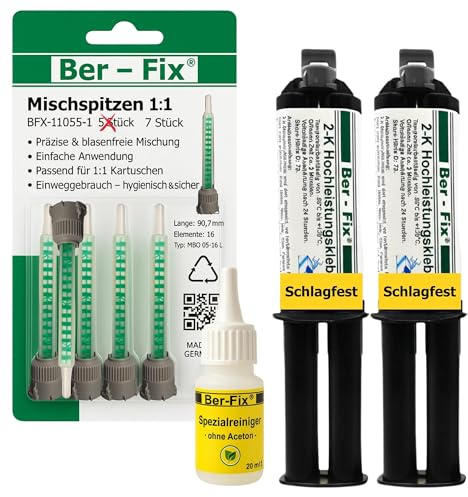 Ber-Fix Hochleistungskleber 2K MMA 3 Min 2x25g + 6 Düsen + Reiniger | Hochleistungskleber 3 Min als 2x25g-Set für schnelle Strukturreparaturen an Kunststoff, Metall und GFK.