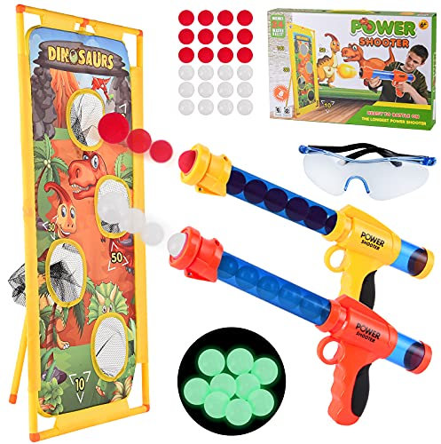 Herefun Schießen Spielzeugpistolen Kinder, 2Pcs Spielzeug Schaumball Pistole, Schießspiel mit 24 Schaumbälle + Schutzbrille + Vierloch Schießgestell, Zielscheibe Spielzeug Geschenk 5 6 7 8 9+ Jahre