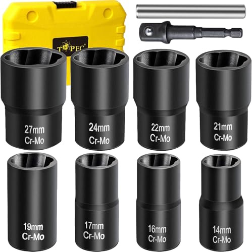 Topec Bolt Extractor Set, 10 Piece Lug Nut Remover Socket Tool, 1/2 Drive Impact Wheel Lock Removal Kit for Removing Damaged, Dead, Rusted, Rounded-Off Bolts, Lug Nuts & Screws