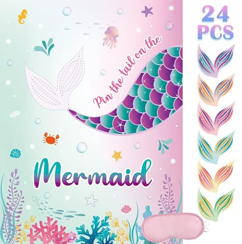 WERNNSAI Pin the Tail on the Mermaid Party Game - Mermaid Birthday Party Decoration 24 Pcs Reusable Tails Sticker Mermaid Party Supplies for Kids Girls Mermaid Party Favor 71 x 53 cm