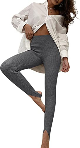 Legging en tricot côtelé pour femme Taille haute Coton Fitness Basic Leggings Skinny, gris, 10-12