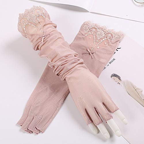 Sonnenschutzhandschuhe Frauen UPF50 + Lange Spitze Ärmel Eisdraht Arm Set Half Finger Driving Anti-Rutsch-Sonnenblende (Color : Pink-A, Size : One size)