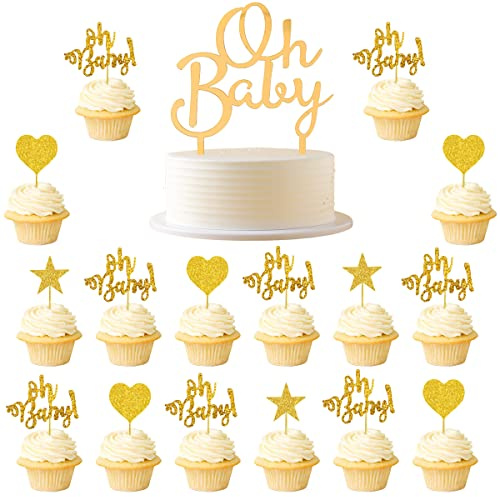Kawailay 33 stycken glitter Åh baby cupcake toppers guld baby shower tårtdekoration med hjärta och stjärna akryl Åh baby tårtdekoration för baby shower barn pojke flicka födelsedag dekor