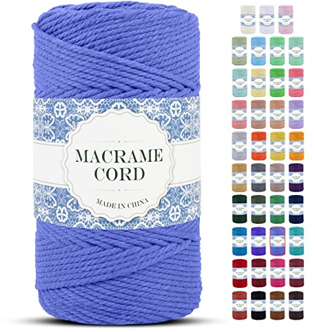 Uiopa Corda Macrame 4mm x 200m Filo Macrame Corda Cotone Spago Grosso, Macramè Filo Naturale, Colorato Cordino per Borse Uncinetto, Fai Da Te, Arazzo da Parete, Appendi Piante (Blu Foschia)