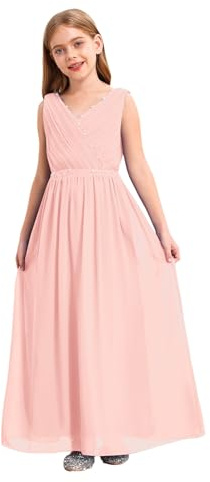 iEFiEL Mädchen Kleid Festlich Lang Kinder Kleidung Hochzeit mit Perlen Schleife Blumenmädchenkleid Prinzessin Kleid Chiffonkleid