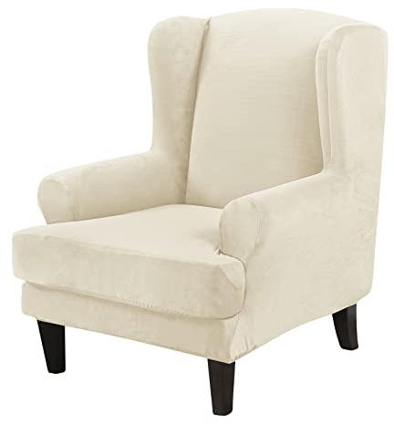 JHLD 2 Stück Stretch Husse für Ohrensessel, Samt Husse für Ohrensessel Mit elastischem Boden Ohrensessel Schonbezug weiche Abnehmbare Waschbar Sesselbezug -Beige-2 Stück
