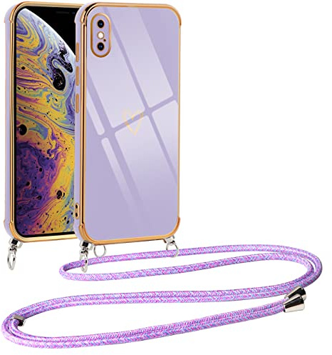 Vauki handyband für iPhone XS Max Hülle mit Band, Handyhülle Silikon Lila mit Herz Motiv, Ultra Dünn Stoßfeste Aesthetic Case mit Kordel zum Umhängen für iPhone XS Max 6.5