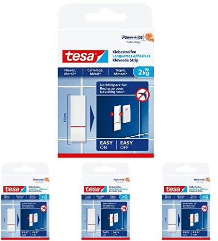 tesa Powerstrips Klebestreifen für Fliesen und Metall 2 kg - Doppelseitige Streifen für feste, glatte Flächen - Bis zu 2 kg Halteleistung pro Streifen - 9 Stück, 4er Pack