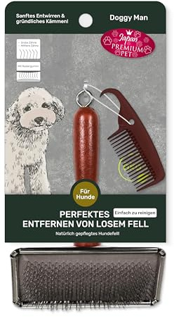 Japan Premium Pet Haustier Bürste fur Haar | Slicker Hund Bürste mit schrägen Schima-Holzzähnen | Ergonomischer, Steriler Griff | Mini-Kamm Inklusive | Hundebürste für Mittlere & Lange Felltypen