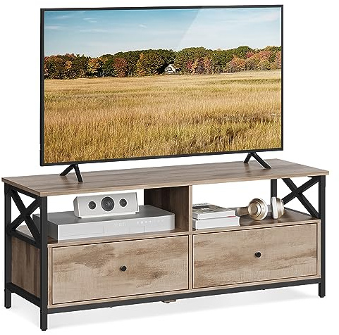 VASAGLE TV-Schrank, Lowboard für Fernseher bis zu 55 Zoll, 120 cm lang, Fernsehtisch mit 2 Schubladen, 2 offenen Fächern, 40 x 120 x 50 cm, Wohnzimmer, Stahlgestell, eichenbraun-schwarz LTV300B50