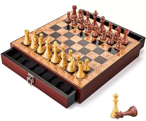 AMEROUS 17 inches Wooden Chess Set with High Polymer Weighted Chess Pieces / 2 Built-in Storage Drawers / 2 Extra Queens / 3.75'' King, Classic Board Game