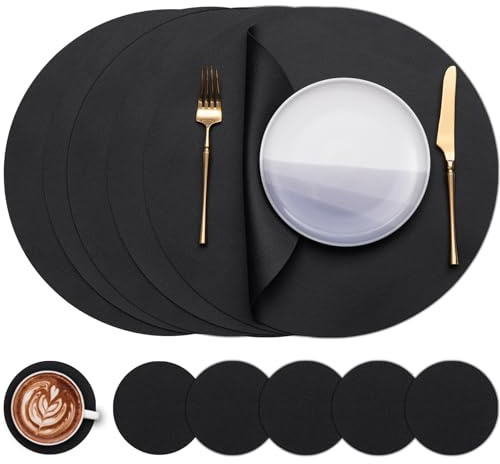 Myir JUN Tischsets abwaschbar und Untersetzer Tischsets Rund Ø 38cm | 6er Set Rund Platzsets wasserdichte Platzdeckchen abwaschbar doppelseitige rutschfeste Kunstleder Tischsets in Lederoptik