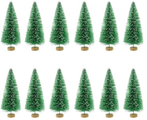 12 Pieces Mini Sisal Snow Frost Trees - Bottle Brush Christmas Ornaments for Party Diorama Models, Plastic Winter Snow Tabletop Decorations, Green 8.5cm