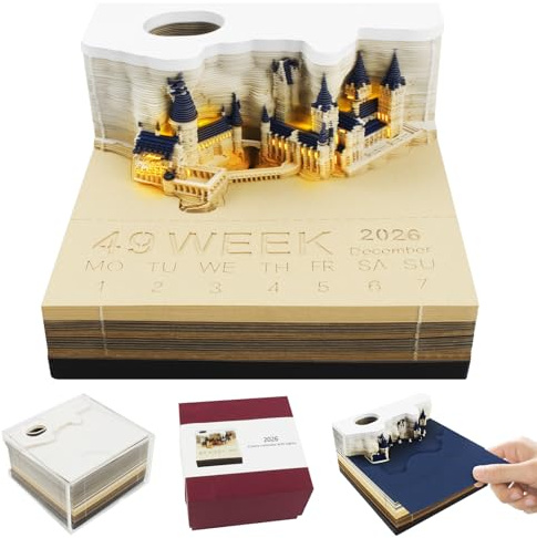 3D Kalender Abreißen 2026, TGKYK 9 * 9 * 4 CM 3D Kalender 2026, 3D Memo Pad kalender 2026 mit LED, Beleuchtet Artsy Pads KALENDER für Schreibtischdekorationen, Geschenke (Magic Castle)