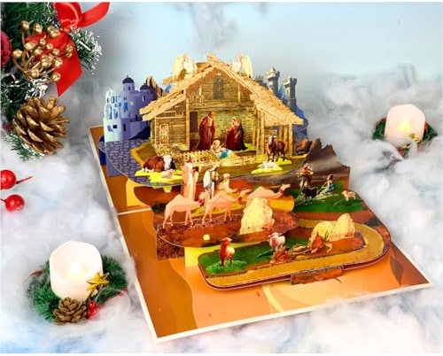 LYHADA Nativity Christmas Cards with Envelope Message Tag, Religious Christmas Cards, 3D Pop Up Christian Christmas Cards. Pop Up Nativity Card, Greeting Holiday Cards for Xmas