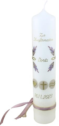 Cerziies® Konfirmationskerze Doris Junge oder Mädchen mit Name und Datum, individuell und handverziert 2320, Kerzengröße :ca. 40x6