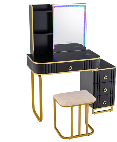 HOMASIS Mesa de Maquillaje con iluminación LED, Tocador de cosmético con 7 Luces LED dinámicas y 7 estáticas Regulables, Estación de Carga inalámbrica, Puerto USB y 4 cajones, 80x40x137cm (Negro)
