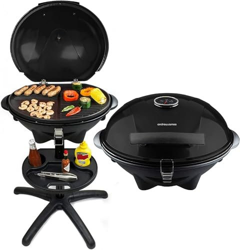 Andrew James BBQ Electric Barbecue Grill with 5 Temperature Settings Black | BBQ for Indoor & Outdoor Party | Removable Drip Tray & Condiment Stand | Healthy Grilling | Non-Stick Cooking Surface