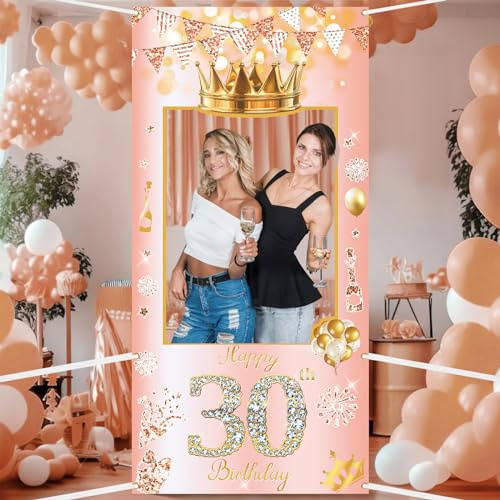 POPOYU 30th Birthday Decorations,Rose Gold Birthday Banner Party Photo Booth Props,Giant Fabric 30th BirthdayParty Photo Booth Frame,Funny Large Selfie Frame for Men Women BirthdayParty Supplies
