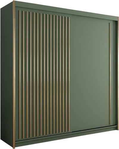 FURNITUREWAVE Elif Sliding Double/Triple Doors Modern Bedroom Green Wardrobe Decent Storage Cupboard with Adjustable Shelves and Hanging Rails (Green, 203cm)