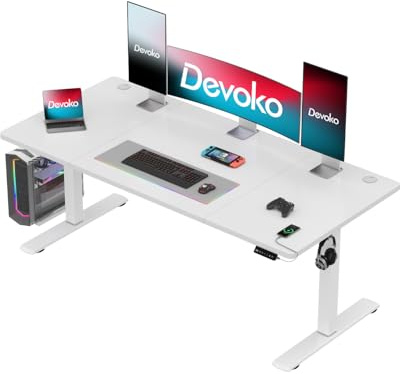 Devoko Höjdjusterbart Stående Skrivbord med USB-uttag, Vit, 160 x 70 cm