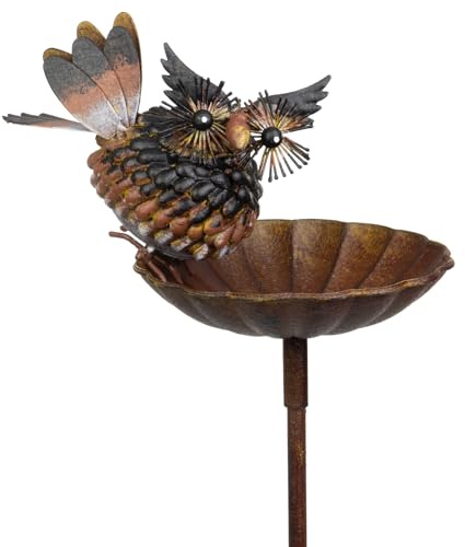 Moritz Gartenstecker Eule Flügel Metall 125 cm – Vogeltränke Gartenfigur | Kauz mit weiten Schwingen, handbemalt, mit Wasserschale, Erdspieß, Rost-Optik, für draußen, dekorativ