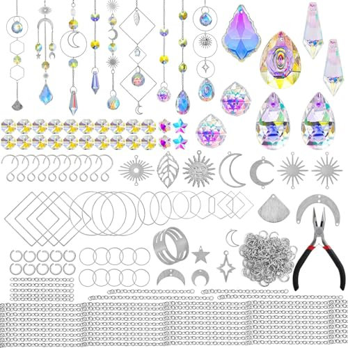 H&D HYALINE & DORA DIY Crystal Suncatcher Assembly Craft Kits for Adults 215pcs Rainbow Prisms Beads Pendant Crystal Window Sun Catchers Hanging Ornament Indoor Outdoor Decor, Silver
