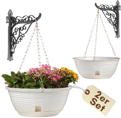 GarPet 2er Set Blumenampel Blumentopf hängend außen Hängetopf für Pflanzen Blumentöpfe zum aufhängen Hängeampel inkl. Kette Wandhalterung Rattan weiß